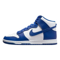 Blue and white Nike Dunk High sneaker with suede and leather upper in white game royal and royal total orange colors size 10