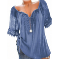 Blue off-the-shoulder blouse with color contrast lace short sleeve and dusty rose solid lace trim on neckline and sleeves
