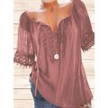 Dusty rose solid off-the-shoulder blouse with color contrast lace short sleeve and delicate lace trim on lightweight fabric
