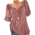 A dusty rose solid blouse with color contrast lace short sleeves and delicate lace trim in lightweight textured fabric