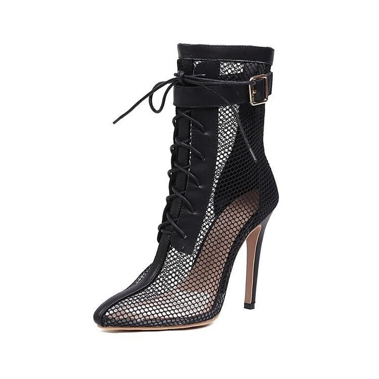black mesh large size stiletto ankle boot with lace-up front and silver buckle detail featuring a size stiletto high heel design