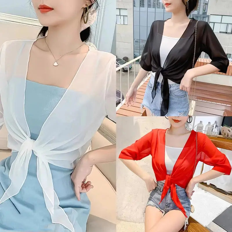 a sheer lightweight white or black chiffon short shawl summer coat with a tied front knot and three-quarter sleeves perfect for sun protection