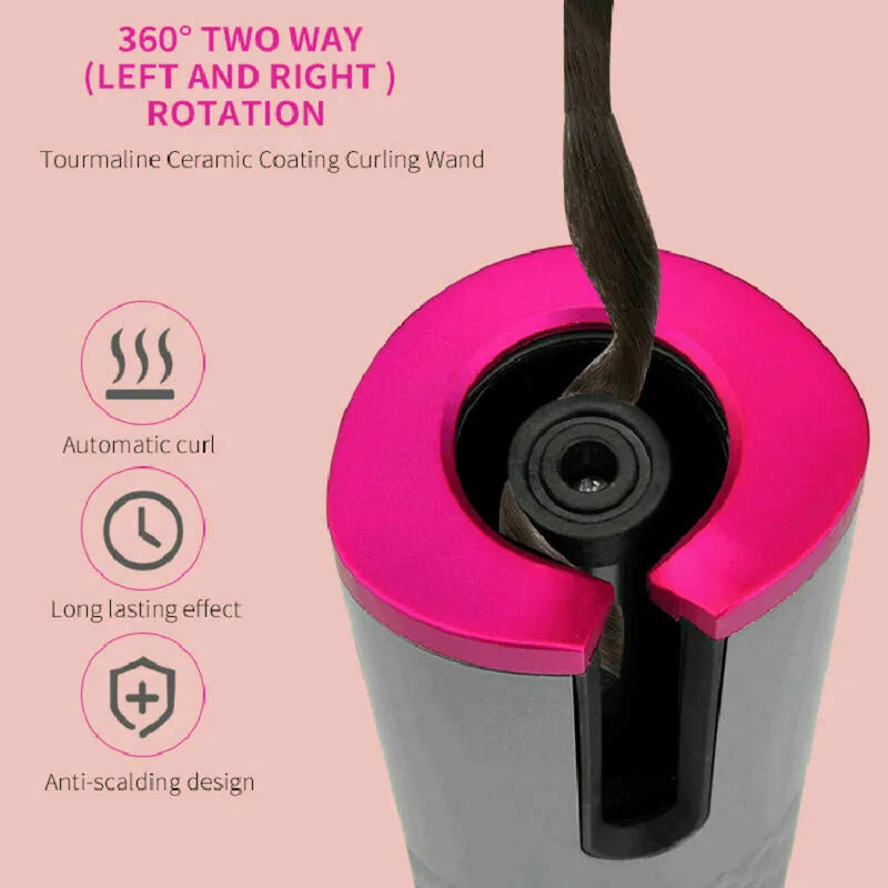 Cordless Automatic Rotating Curling Iron - Ceramic Wireless Hair Curler with LCD Display