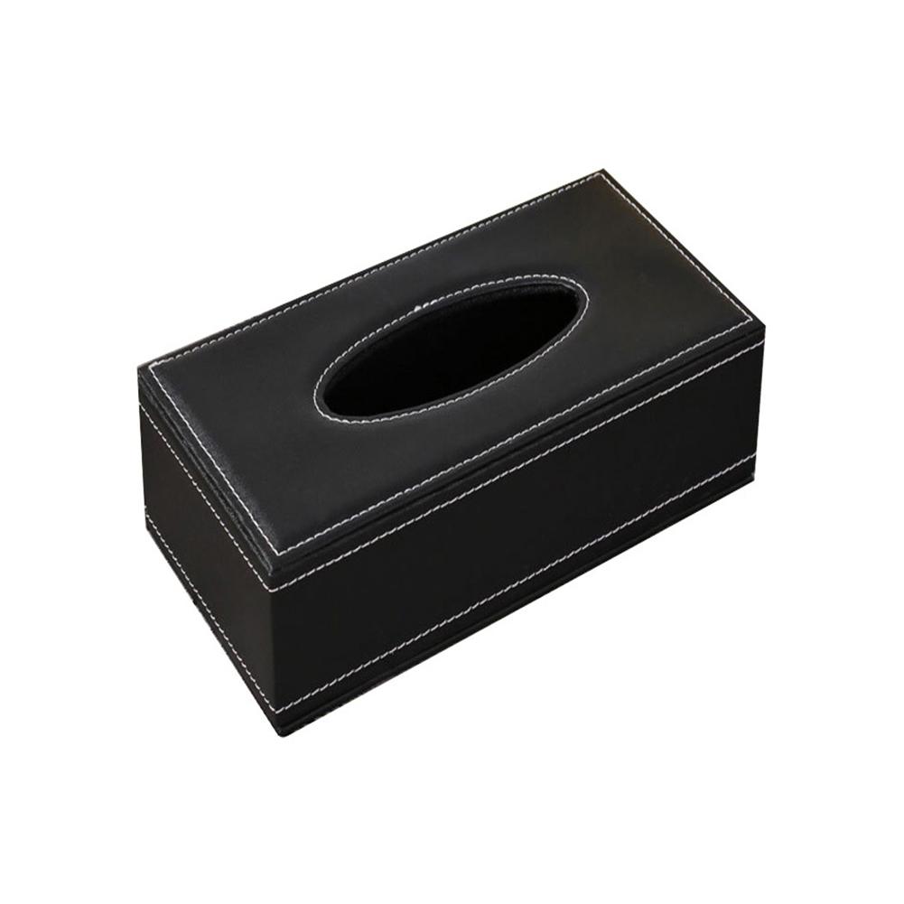 black faux leather car tissue box cover featuring white stitching along the edges and a central oval opening for easy tissue access.