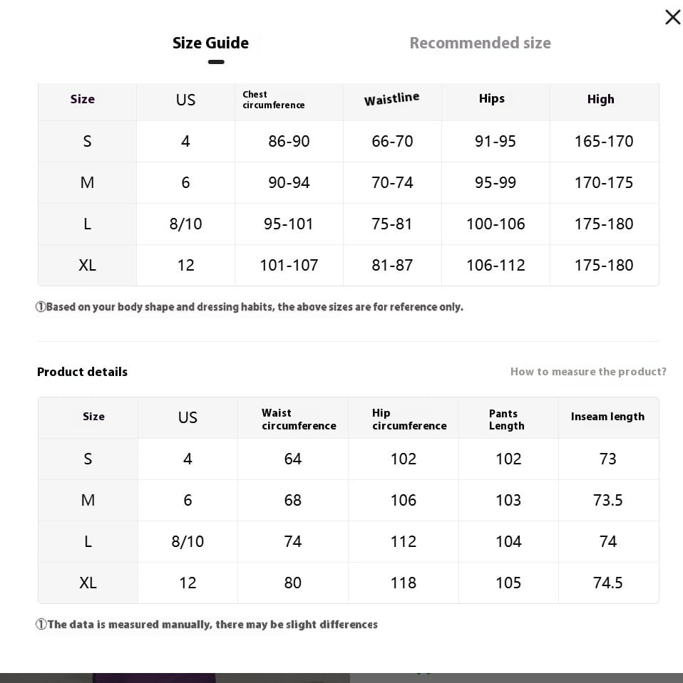 Size guide and product details table for black leather hip lifting tight trousers with stripes showing measurements in inches for american sexy tight fit across various sizes.