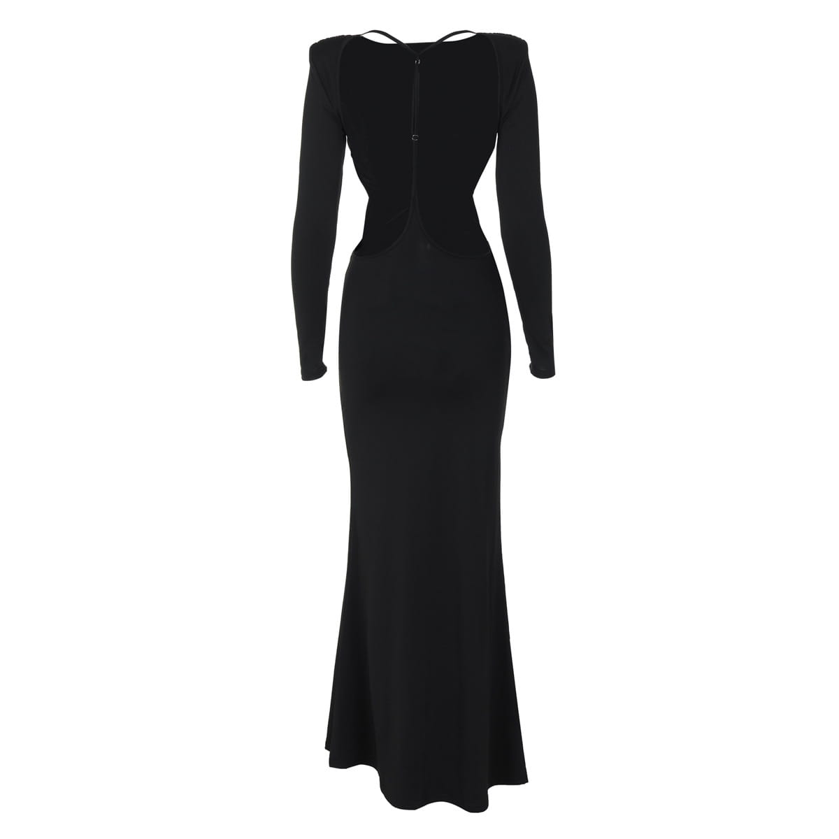 black long sleeve dress featuring a sexy hot girl design with a fitted mermaid back and delicate shoulder straps perfect for stylish evening wear