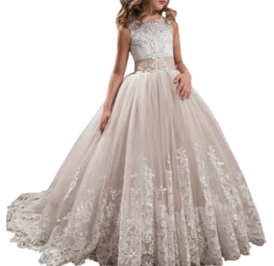 A flowing champagne-colored lavender tulle lace wedding dress for children with intricate lace detailing and a fitted bodice ideal for clothing lace wedding events in the United States.