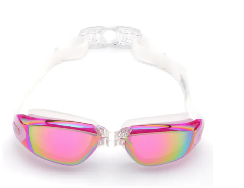 Pink and rainbow-reflective mirrored waterproof swimming goggles with a white flexible strap for comfortable and durable use in water.