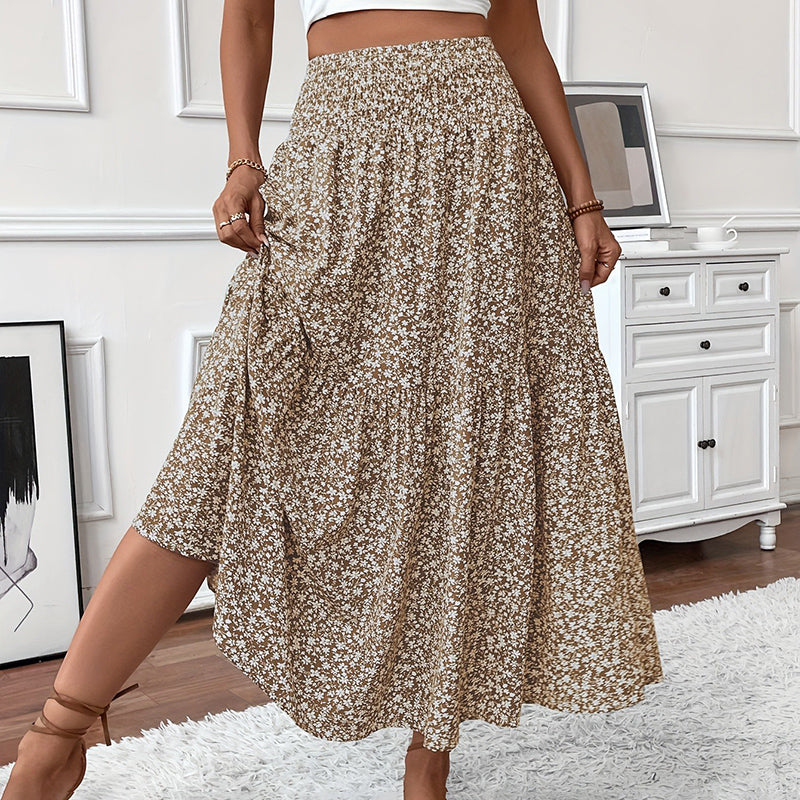 Women's Boho Floral Pleated A-Line Maxi Skirt with High Elastic Waist