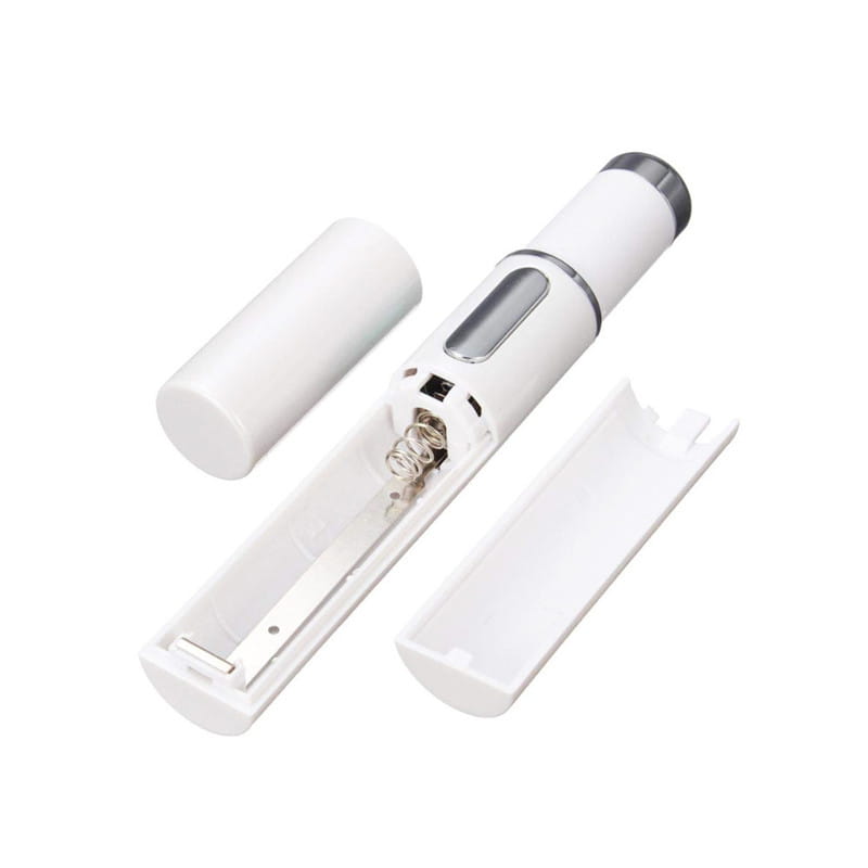 White cylindrical blue light therapy acne laser pen with silver accent and transparent window featuring removable battery compartment for light therapy acne treatment