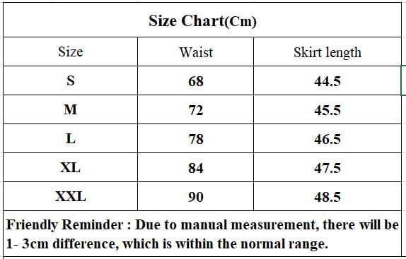 size chart for ruched black high waist tight pu leather mini skirt showing measurements in centimeters for sizes s through xxl
