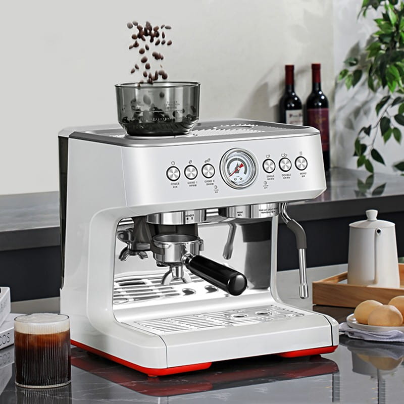 white and red semi-automatic coffee machine with silver accents features an integrated grinder and pressure gauge for precise espresso brewing