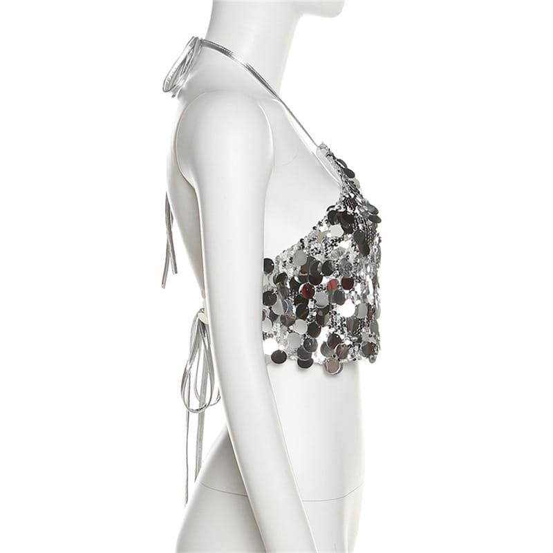 silver halter backless sequined vest featuring a shiny silver sequined halter top with adjustable side ties