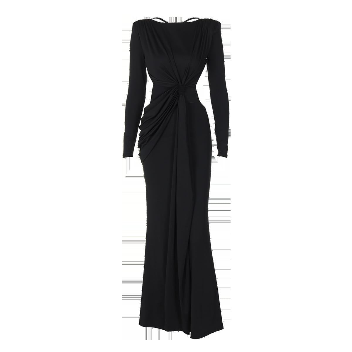 a sleek black sexy hot girl long sleeve dress with an off-the-shoulder design, cinched waist, and draped fabric details.