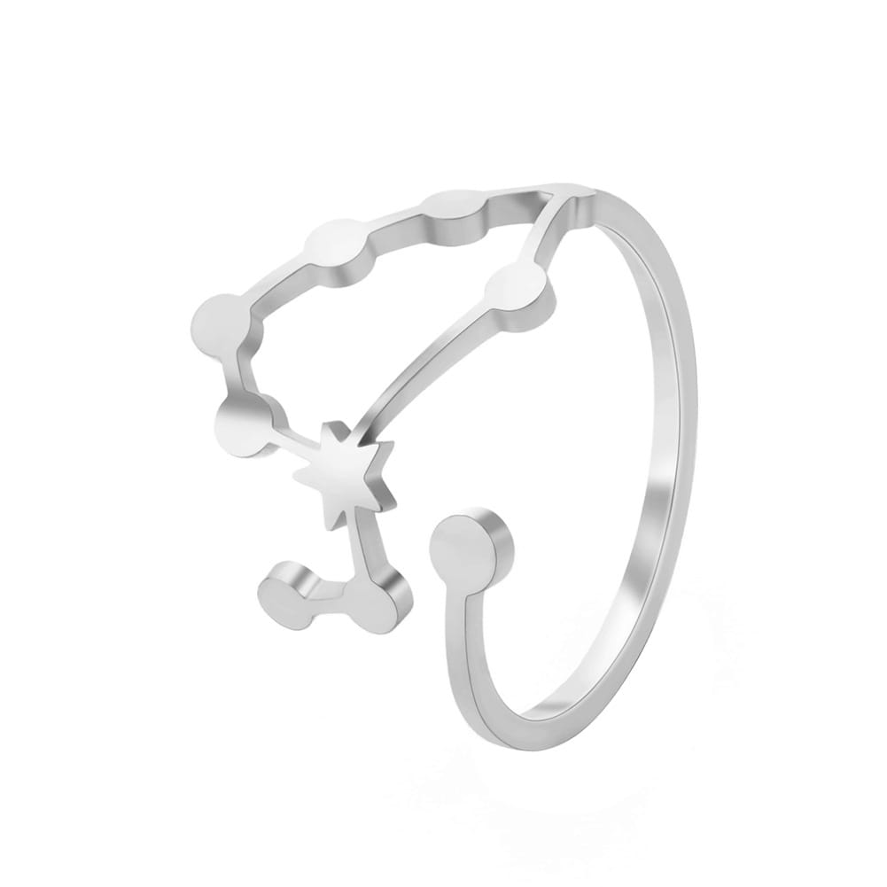 Personalized stainless steel silver constellation ring with a sleek open-band design and polished metallic finish.