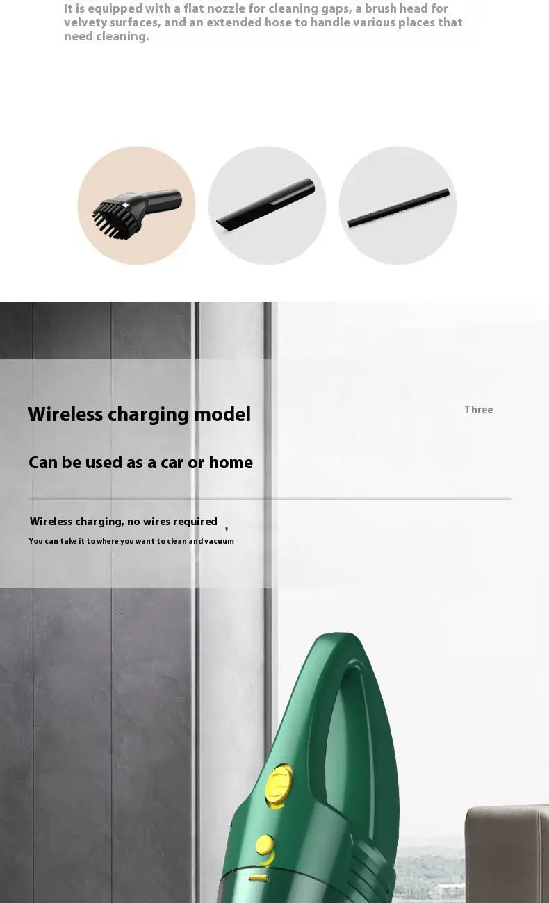 Green small wireless car vacuum cleaner with hose featuring yellow buttons and a sleek ergonomic design for efficient household small wireless cleaning.