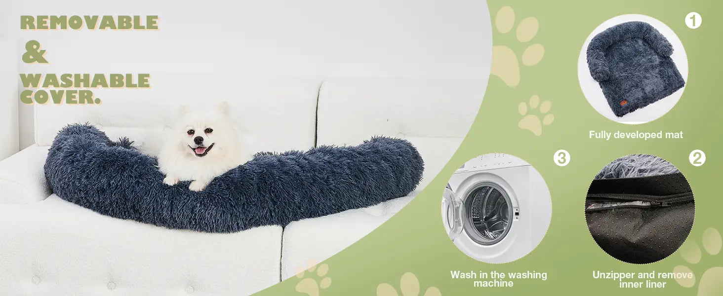 dark blue fluffy plush dog couch bed with a soft shaggy texture featuring a removable and washable couch bed mat for easy maintenance.