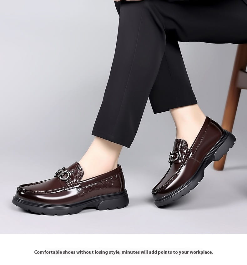 Dark brown leather platform retro casual loafers with glossy finish and black rubber soles featuring decorative metal buckled straps across the vamp.