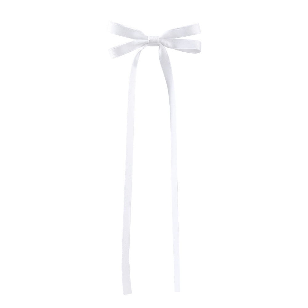 A delicate white satin bow braided hair ribbon tied into a neat bow with long, flowing tails, designed as a hair tie double set for braided hair.