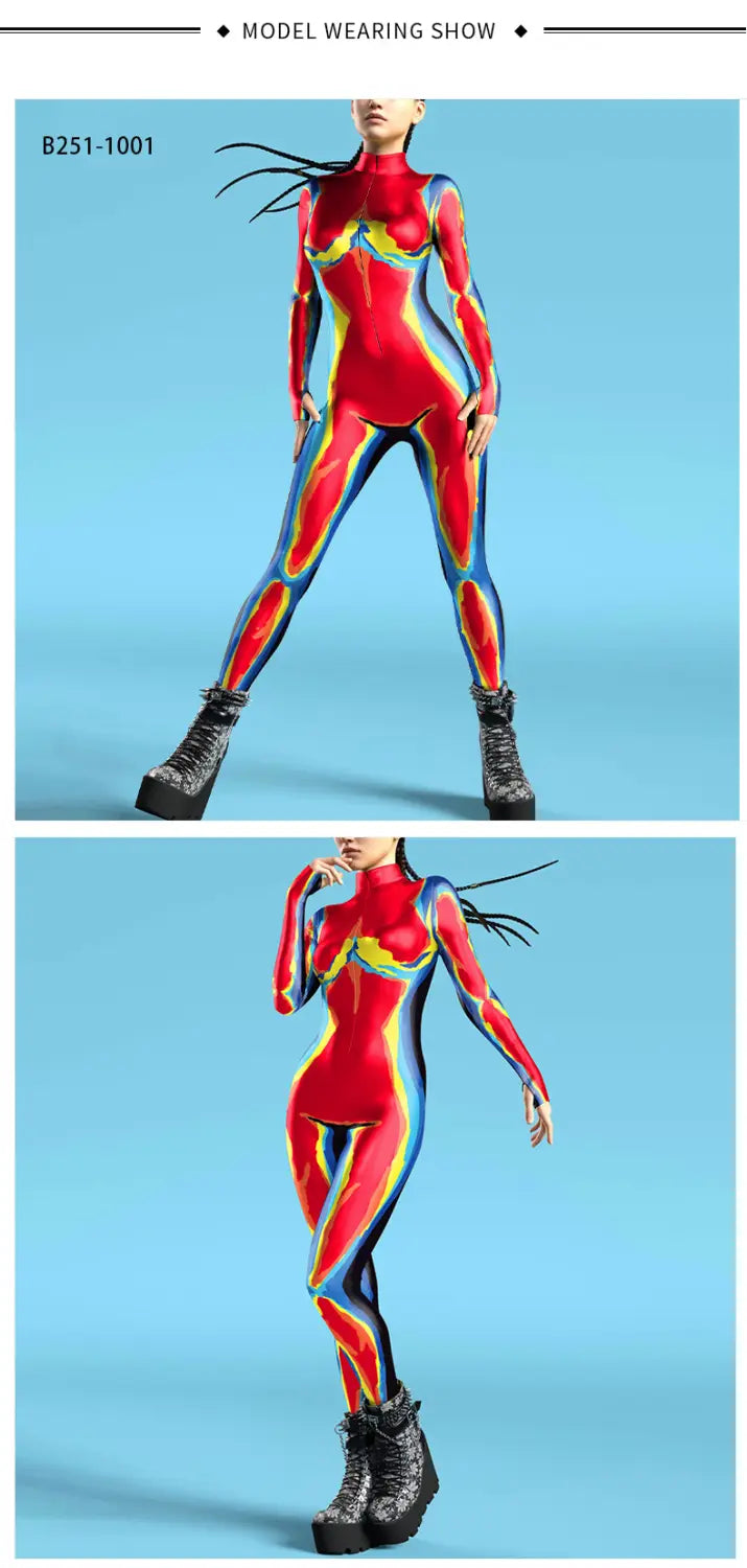 A form-fitting high-necked flame digital printed buttoned hand jumpsuit in vibrant red featuring bold blue and yellow lightning bolt patterns made from main fabric.