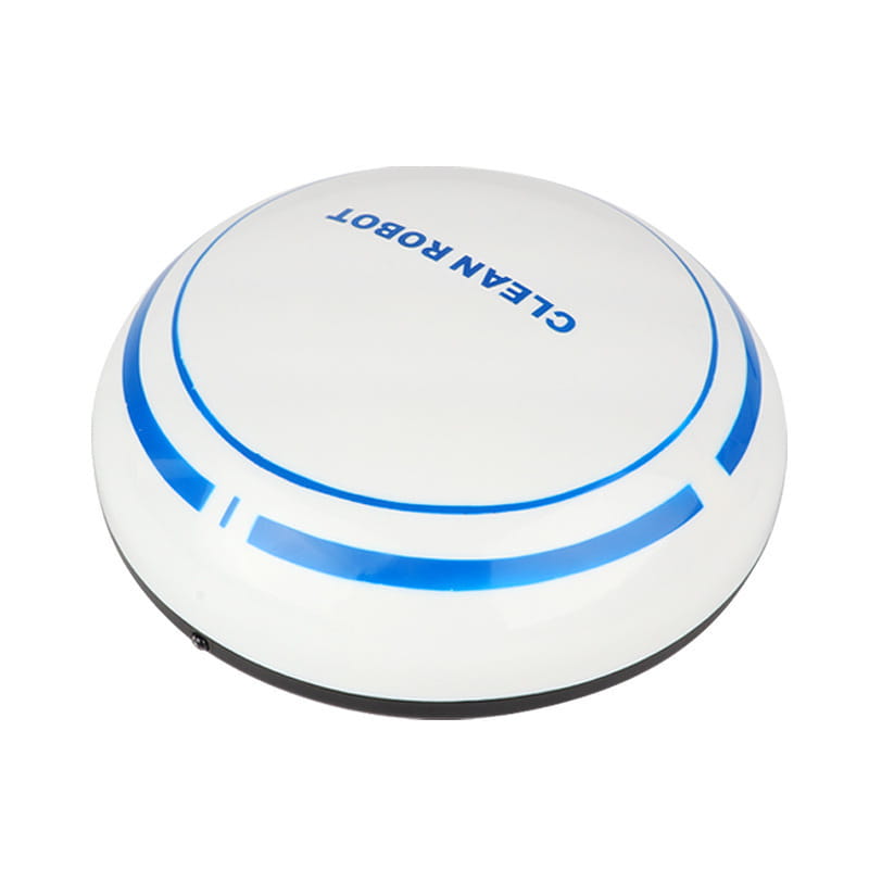 white and blue circular mini desktop robot vacuum cleaner with clean robot printed on top for efficient desktop cleaning