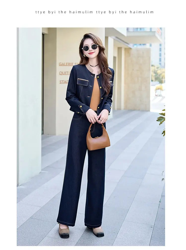 Navy blue denim jacket with gold-tone buttons and flap pockets from the elegance retro casual denim jacket and pants set showcasing a retro casual denim style.