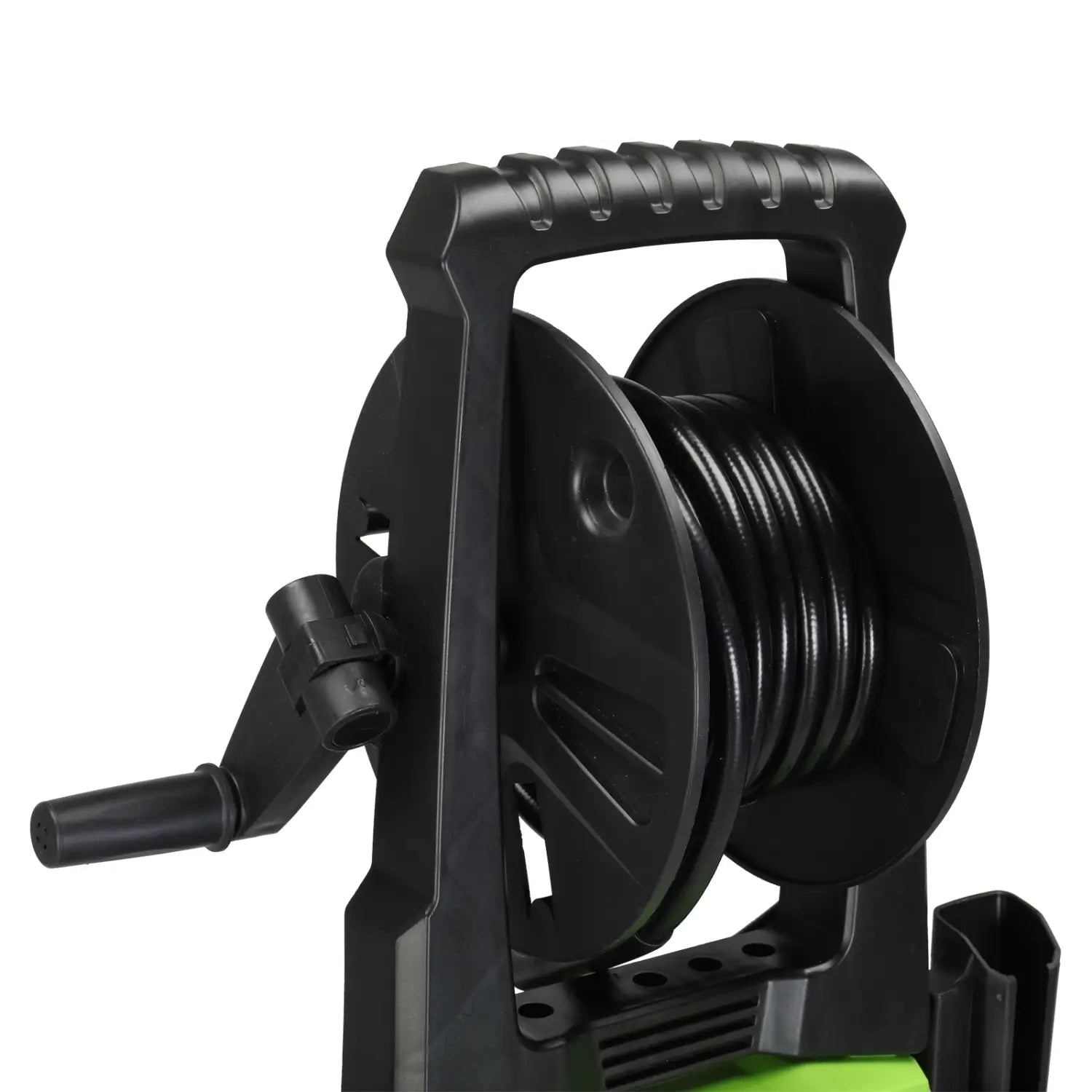 Black plastic garden hose reel with textured handle and crank mechanism on green and black high pressure cleaner with coiled hose for efficient pressure cleaning.