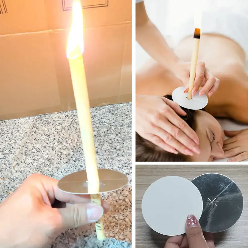 a yellow coning beewax natural ear candle burning in a simple circular metal holder for ear healthy care and wax removal