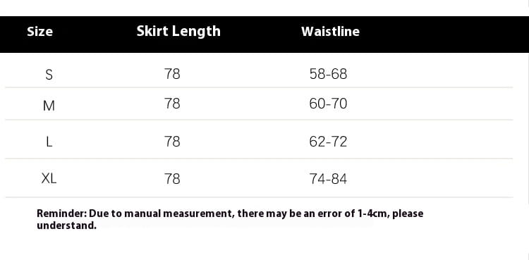 a black table with white text displaying skirt size and waistline measurements for the embroidered bow lace mesh mid-length skirt