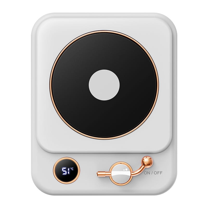 White rectangular electric kettle with a black circular heating insulation base desktop bordered in rose gold featuring a digital temperature display and rose gold toggle switch for milk heating insulation.