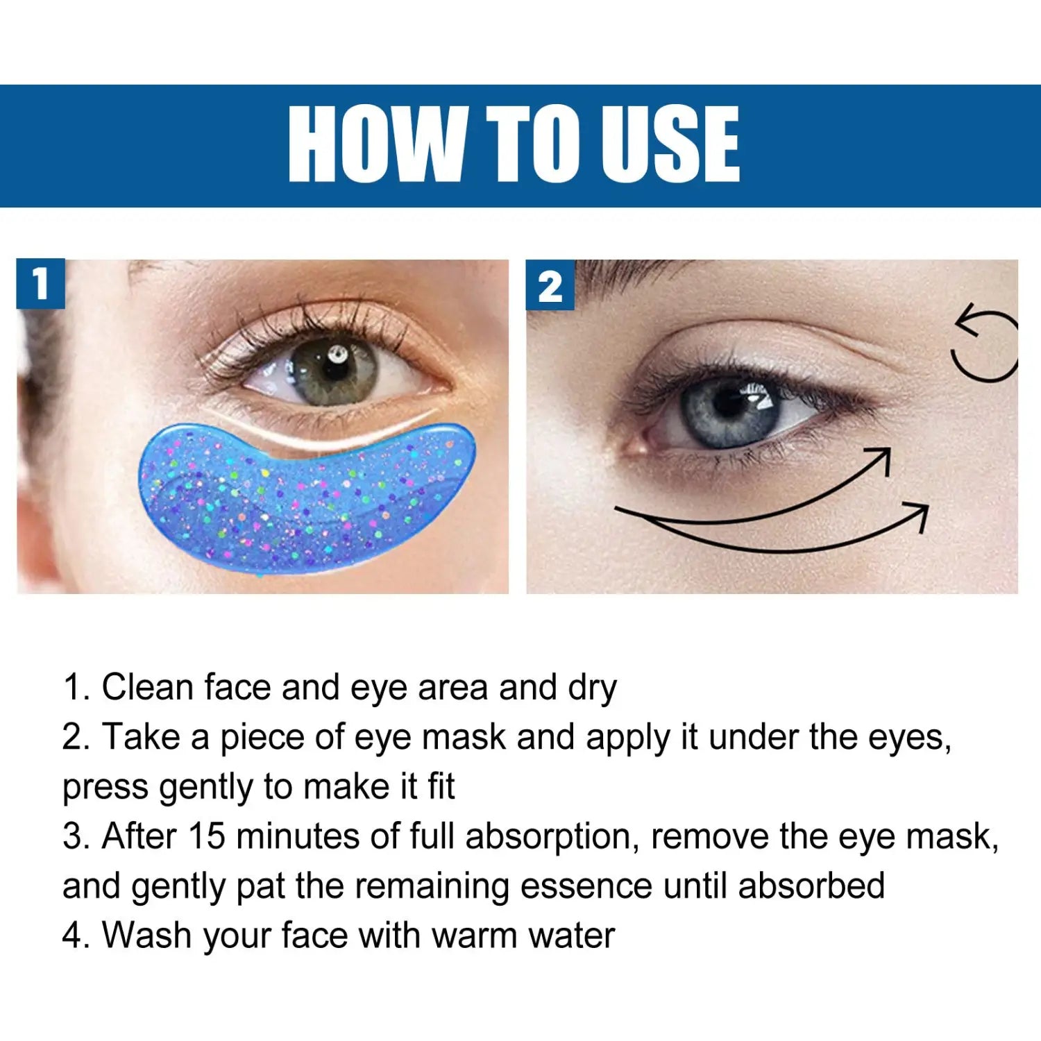 blue glittery collagen eye mask designed for reducing fine lines and dark circles
