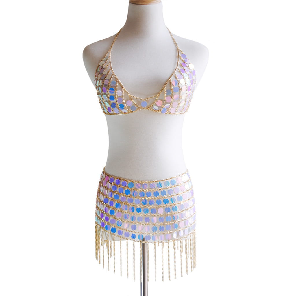 glorious sequin dress featuring iridescent sequins, gold chain detailing, and fringe perfect as a sequin dress nightclub costume