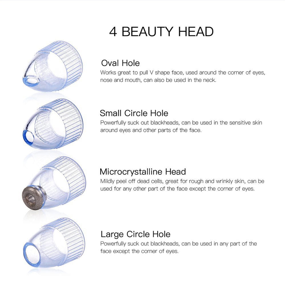 Clear plastic beauty heads with textured ridges and varying hole shapes for facial skincare included with electric blackhead suction instrument with base.