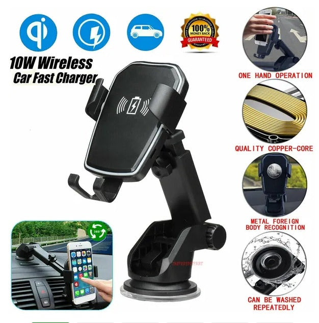 2-in-1 Qi Wireless Fast Charging Car Phone Mount Holder, Universal for Qi Phones