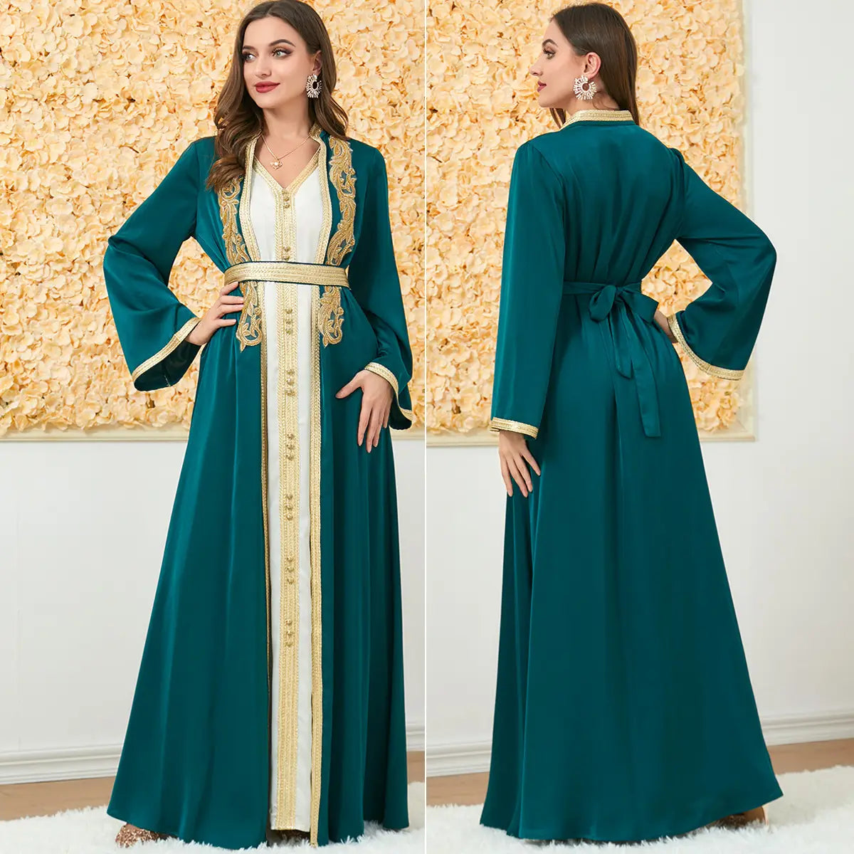 teal and cream embroidered abaya with gold detailing showcasing intricate foreign trade dress craftsmanship for elegant occasions