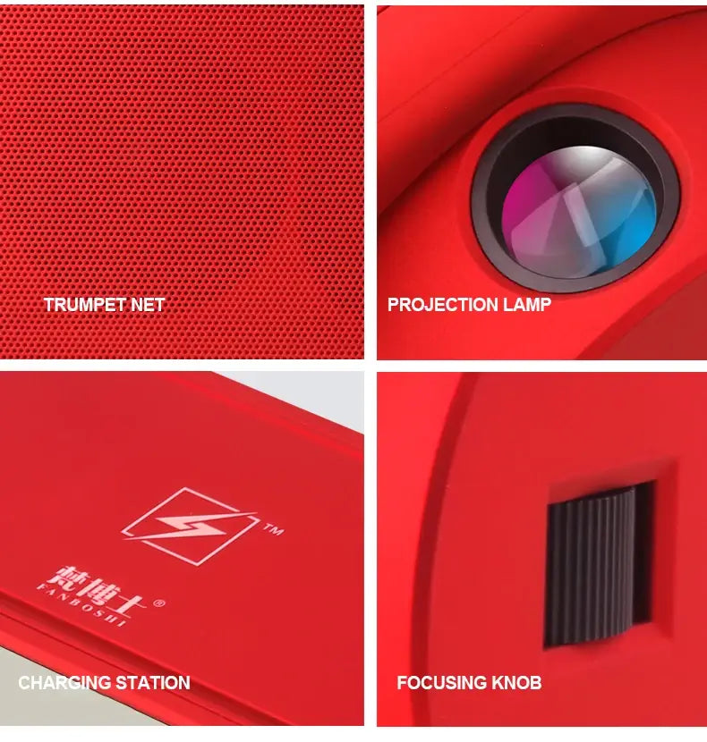 red portable projector with textured surface and circular projection lamp paired with branded charging station in s91s fashion wireless bluetooth speaker clock.