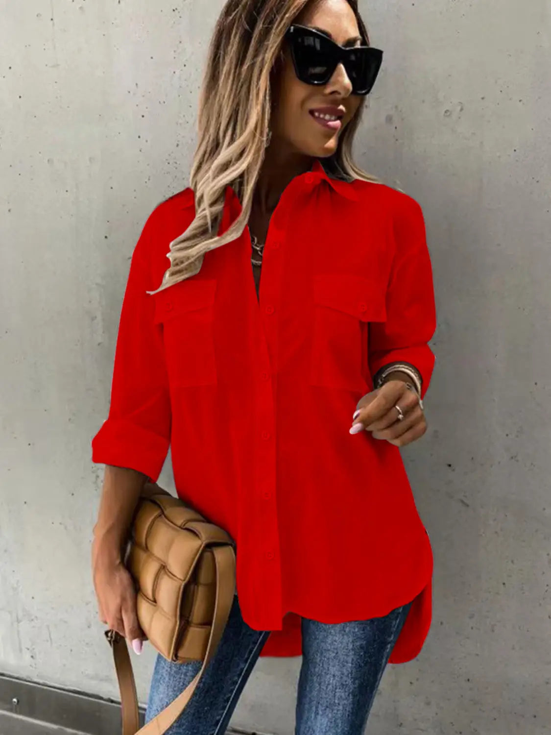 vibrant red oversized long sleeve lapel button down shirt with a loose long sleeve fit and rolled-up sleeves for casual wear