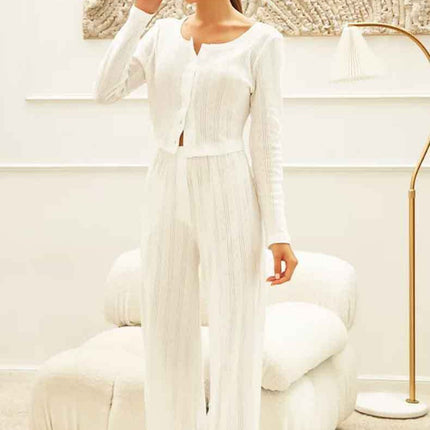 Fashion Cardigan Long Sleeve White Hollow-out Knitted Pajamas - Royalessencelux