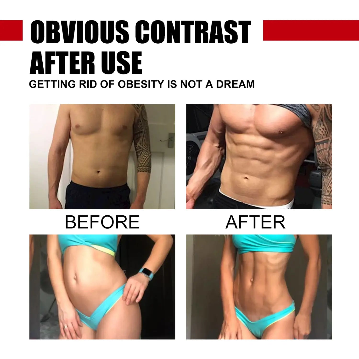 The image shows a before-and-after fitness transformation featuring muscular torsos in teal swimwear and black shorts, promoting exercise strengthening muscle sweat massage cream for weight loss and muscle toning.
