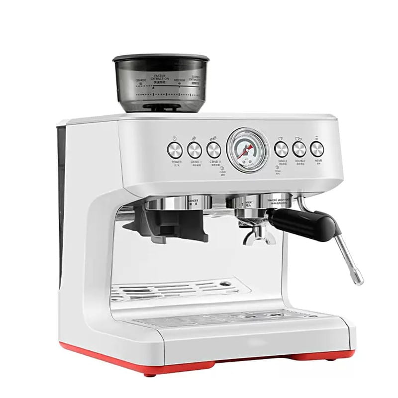 White and red semi-automatic coffee machine with grinder and gauge featuring a sleek modern design with chrome accents and a transparent water reservoir.