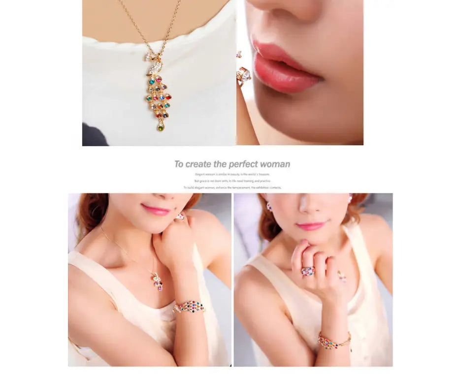 A delicate gold-toned necklace featuring a cascading peacock feather design adorned with colorful rhinestones from the creative crystal peacock bridal jewelry set.