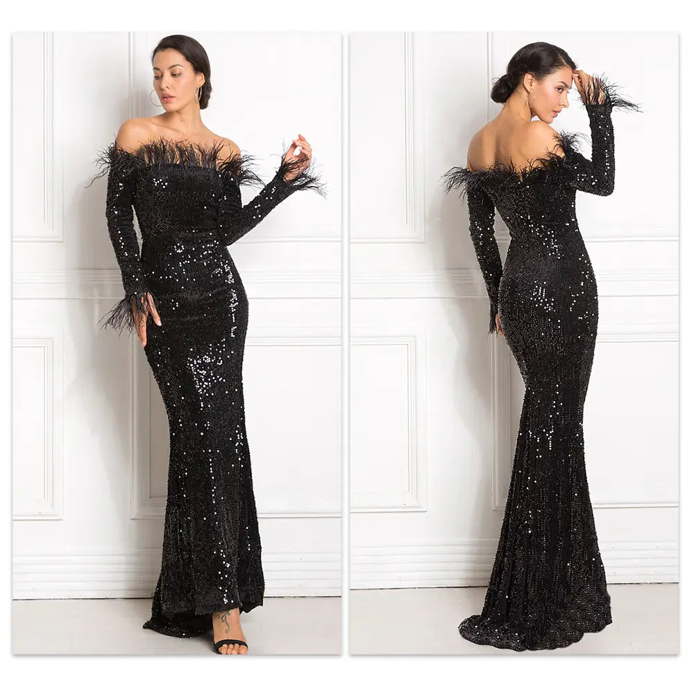 black sequined off-the-shoulder fishtail party formal dress with feather trim on shoulders and cuffs designed for elegant events