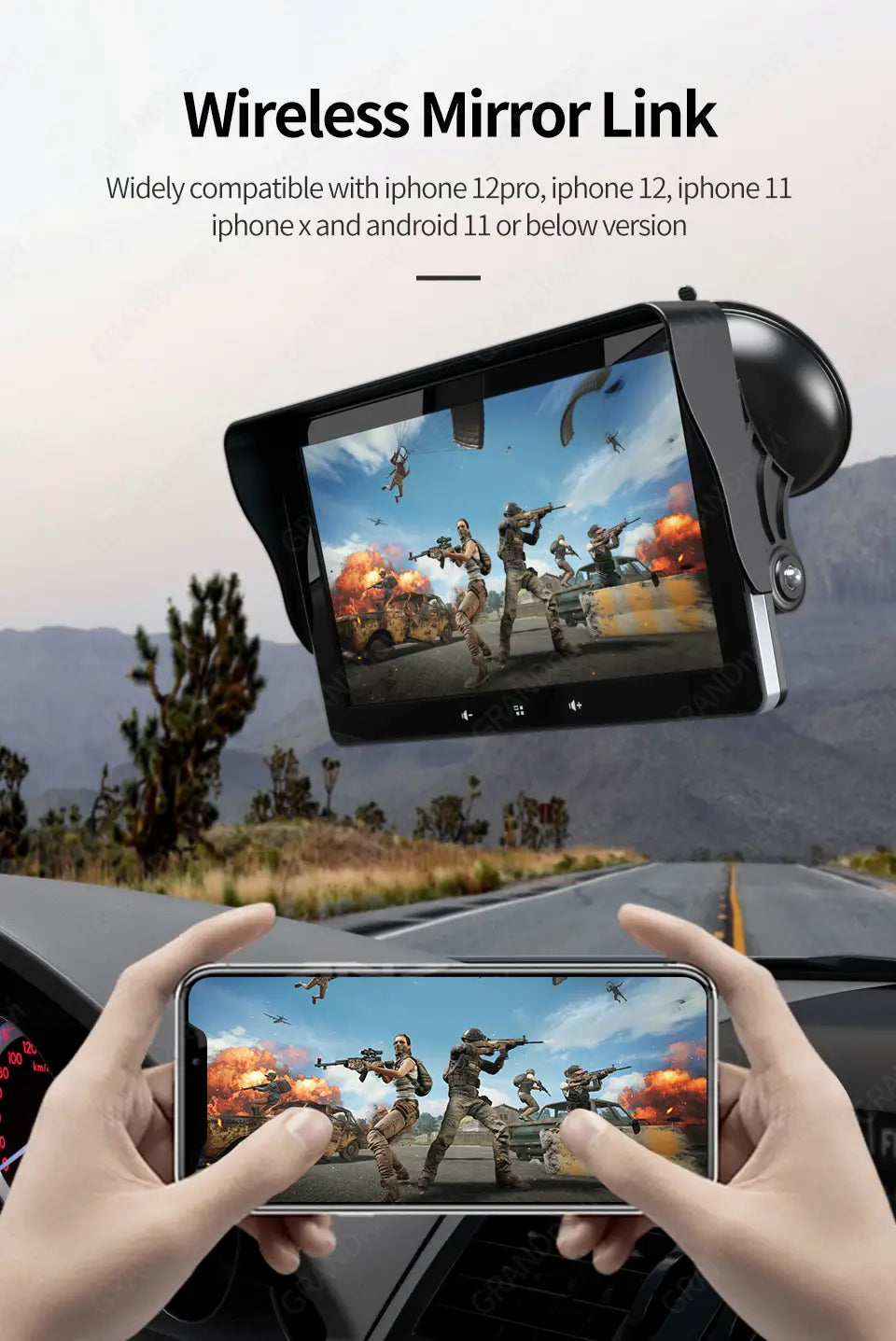black wireless mirror link device with a sleek rectangular screen mounted on the car windshield featuring a 7 inch wireless carplay display powered by cigarette lighter connection