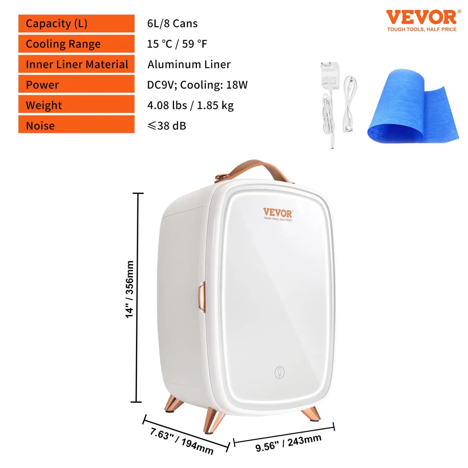 White and rose gold vevor mini fridge luxury skin care 6L portable refrigerator with aluminum inner liner designed for skin care storage.