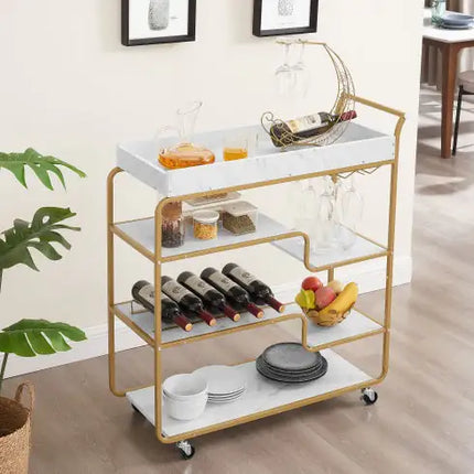 6-Tier Bar Cart, Slide Bar Serving Cart, Retro Style Wine Cart For Kitchen, Beverage Cart With Wine Rack And Glass Holder, Rolling Drink Trolley For Living Room, Dining Room - Royalessencelux
