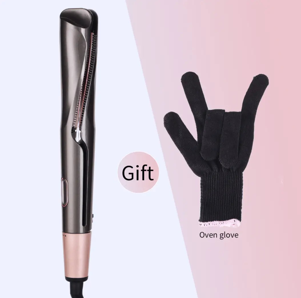 The gold ceramic flat iron for curly hair care features a sleek rose gold and black design with a visible heating element for effective care straight long styling.
