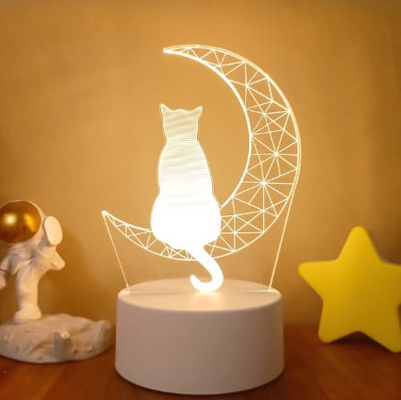 a white illuminated 3d led night light featuring a cat sitting on a crescent moon with geometric wireframe detailing and colorful touch remote control for customizable lighting
