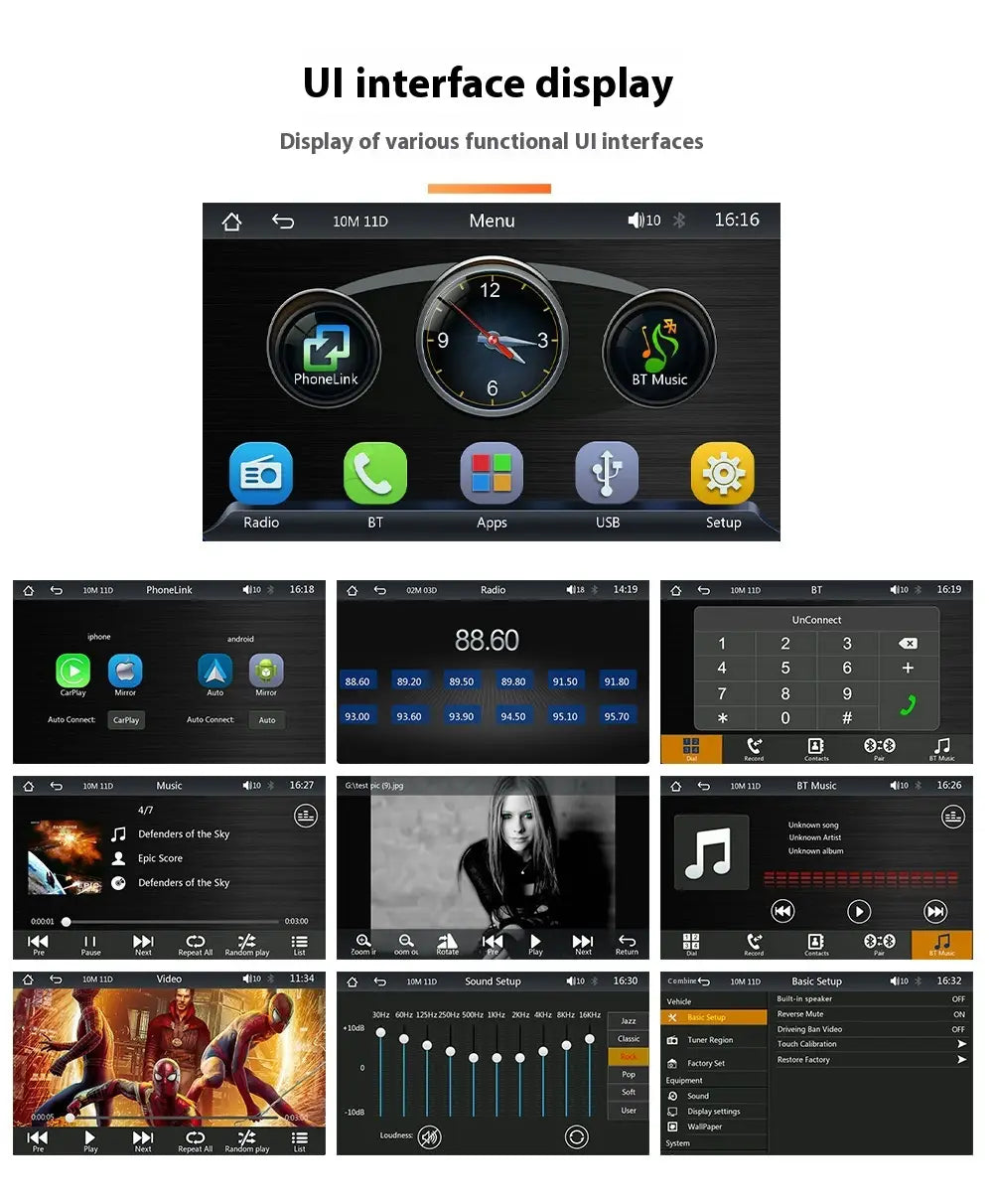 black touchscreen display of a 7 inch portable car player hd large screen vehicle showing various ui interfaces for car infotainment system.