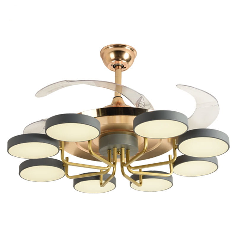 modern nordic stealth ceiling fan with integrated lighting featuring a brushed gold central hub and six matte gray circular light fixtures emitting warm white illumination.