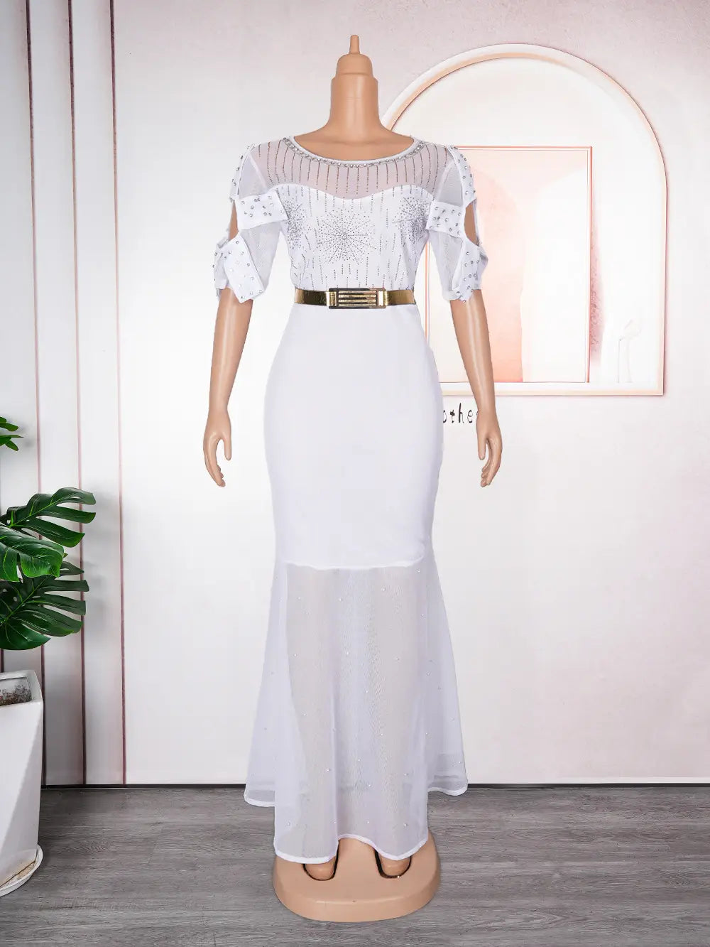 royal blue heavy embroidered hot diamond beads gown featuring a white lace and mesh mermaid dress design with a gold belt.
